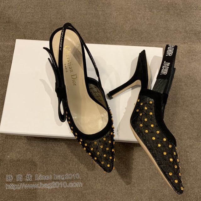 DIOR女鞋 迪奧2021專櫃新款J’ADIOR尖頭涼鞋 Dior網紗燙鑽路跟涼鞋  naq1525